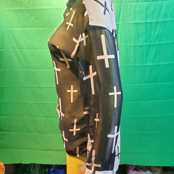 Kpop style black and white button down shirt long sleeves cross pattern goth - Picture 10 of 10